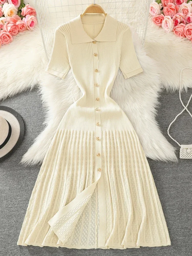 

Pop Summer 2025 New Women's Black Beige Single Breasted Knitted Long Dress Green Elegant Office Lady Short Sleeve Pleated Dress