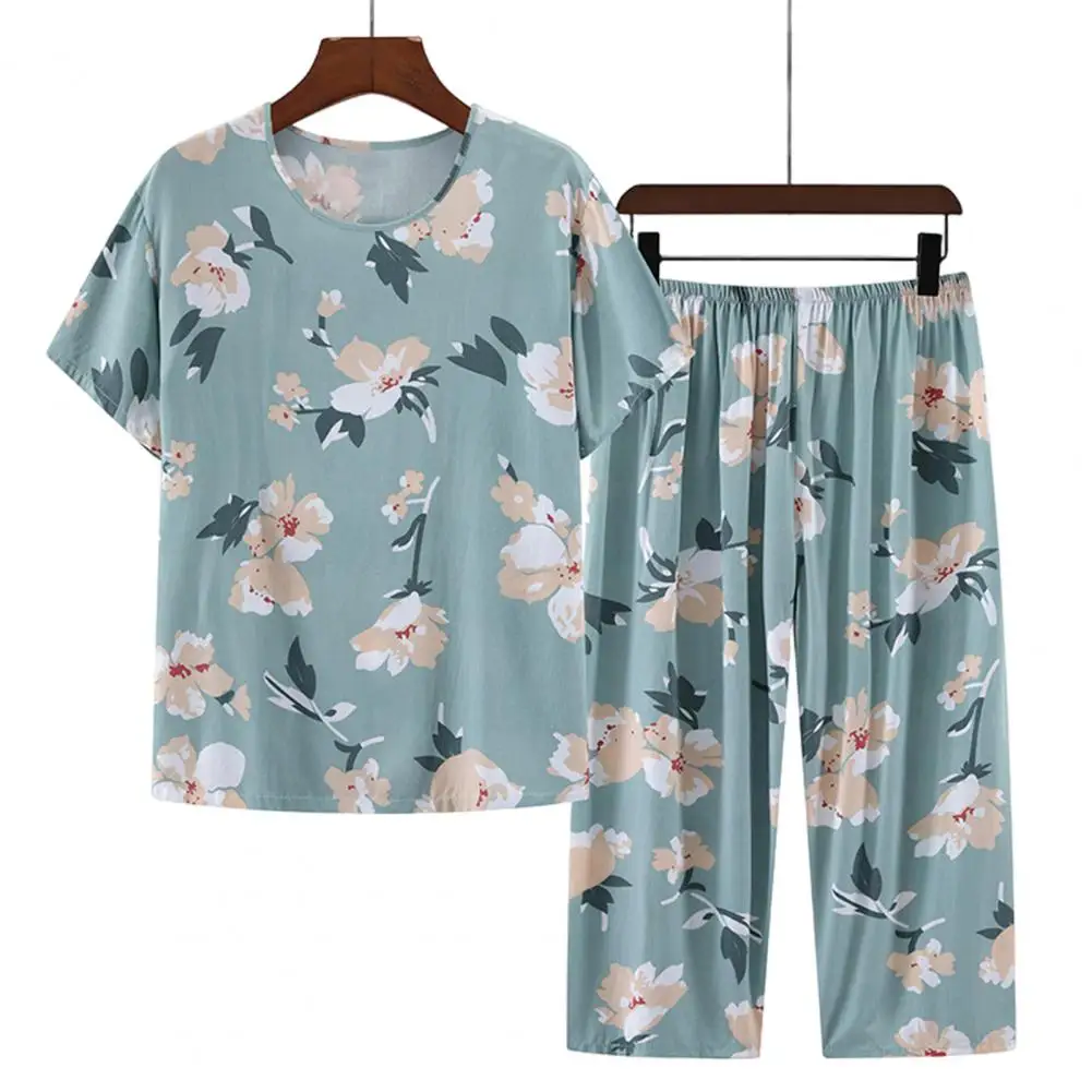 2025 Three-quarter Pajama Pants Women Pajama Set Elegant Mid-aged Women's Flower Print Pajama Set with Pleated Wide Leg for Moth