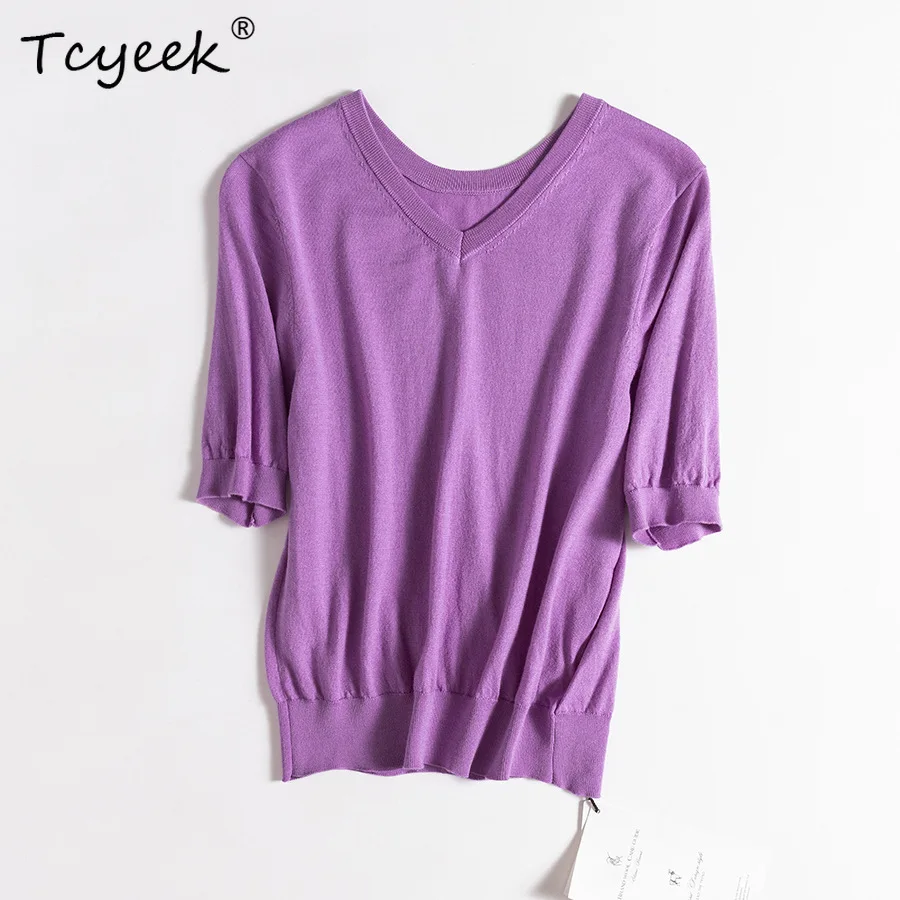 تي شيرت Tcyeek، 25% حرير 75% صوف أنيق، تي شيرت نسائي قصير الأكمام ورقبة على شكل V سادة، تي شيرت كاجوال منسوج أساسي، 2024 صيف خريف T46527QM