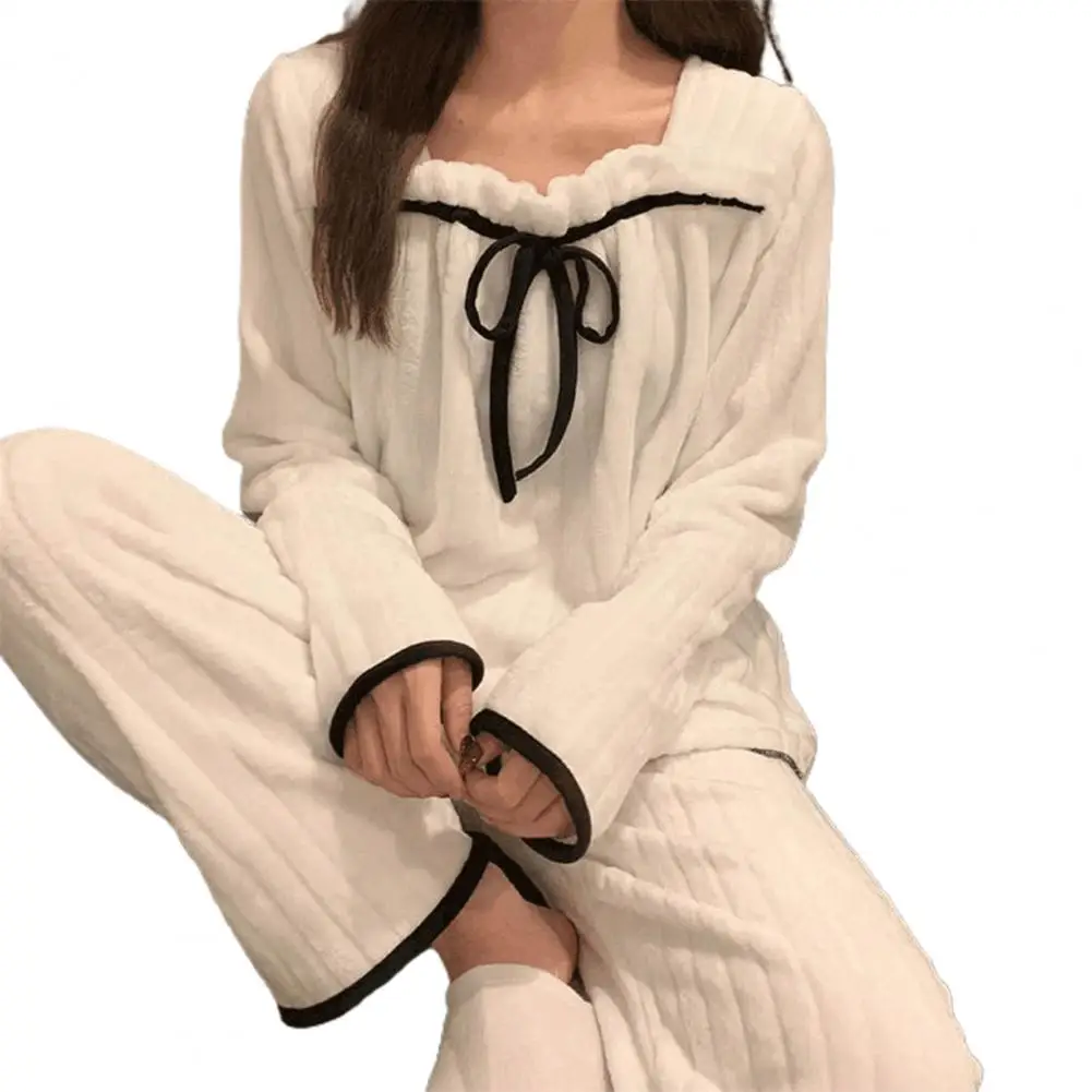 Square Collar Women Pajamas Set Winter Warm Sleepwear Fleece 2 Piece Pants Home Wear Suit Fluffy Korean Solid Night Wear