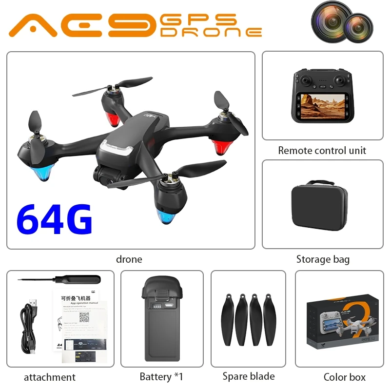 

AE9 Drone with 4K Camera GPS Screen Remote Brushless Motor FPV Flight Time 25 Mins RC Dron
