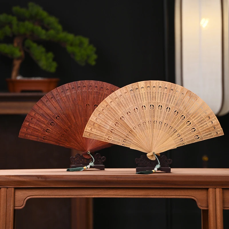 

Green Sandalwood Small Leaf Blood Sandalwood Natural Wood Fragrance Su Folding Fan Ancient Style Hollow Out Wooden Fan Gift Box