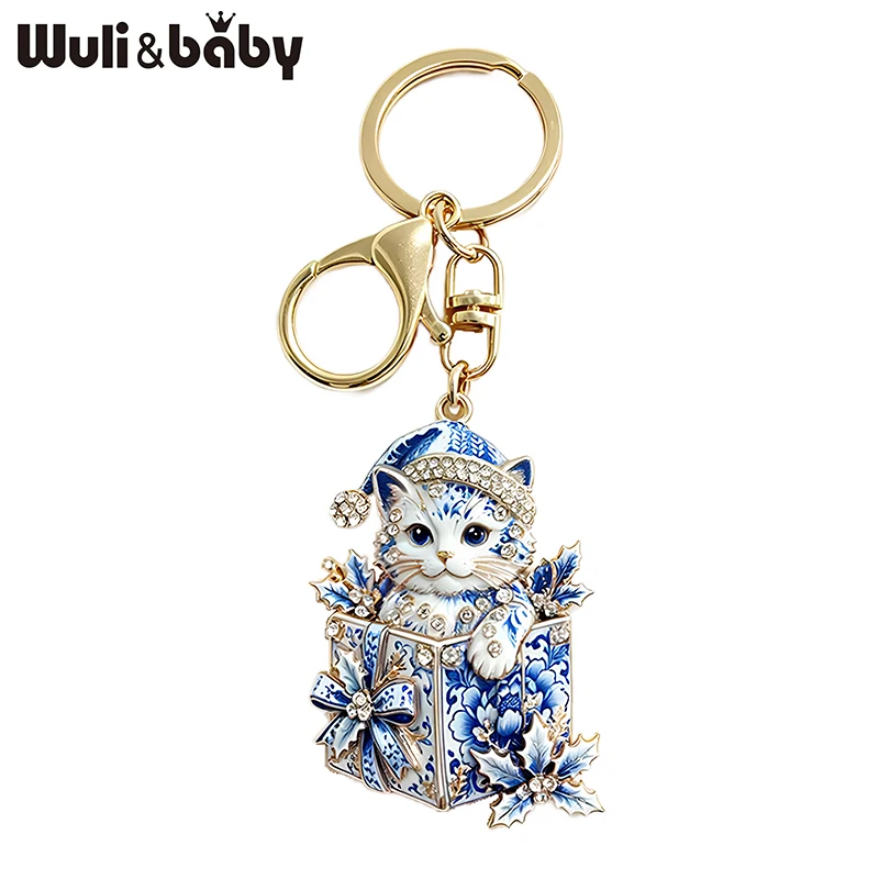 Wuli&baby Cute Christmas Gift-box Cat Keychain For Women Men 2-color New Year Key Charms Chain Fashion Jewelry Gifts