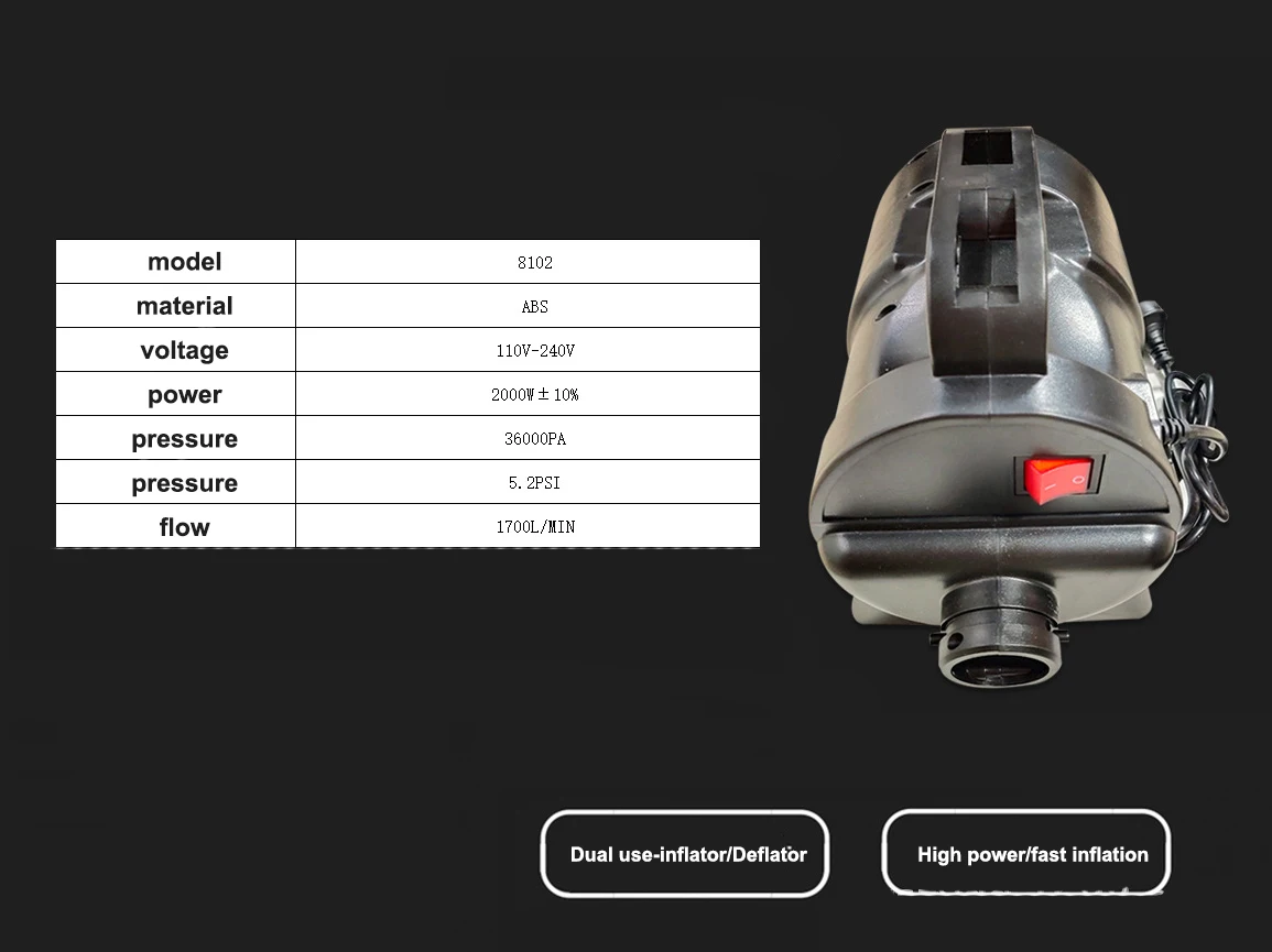 2000W High Pressure Electric Air Pump Dual Use Inflator Deflator for model tent Arch Channel Assault Boat Fast Inflation