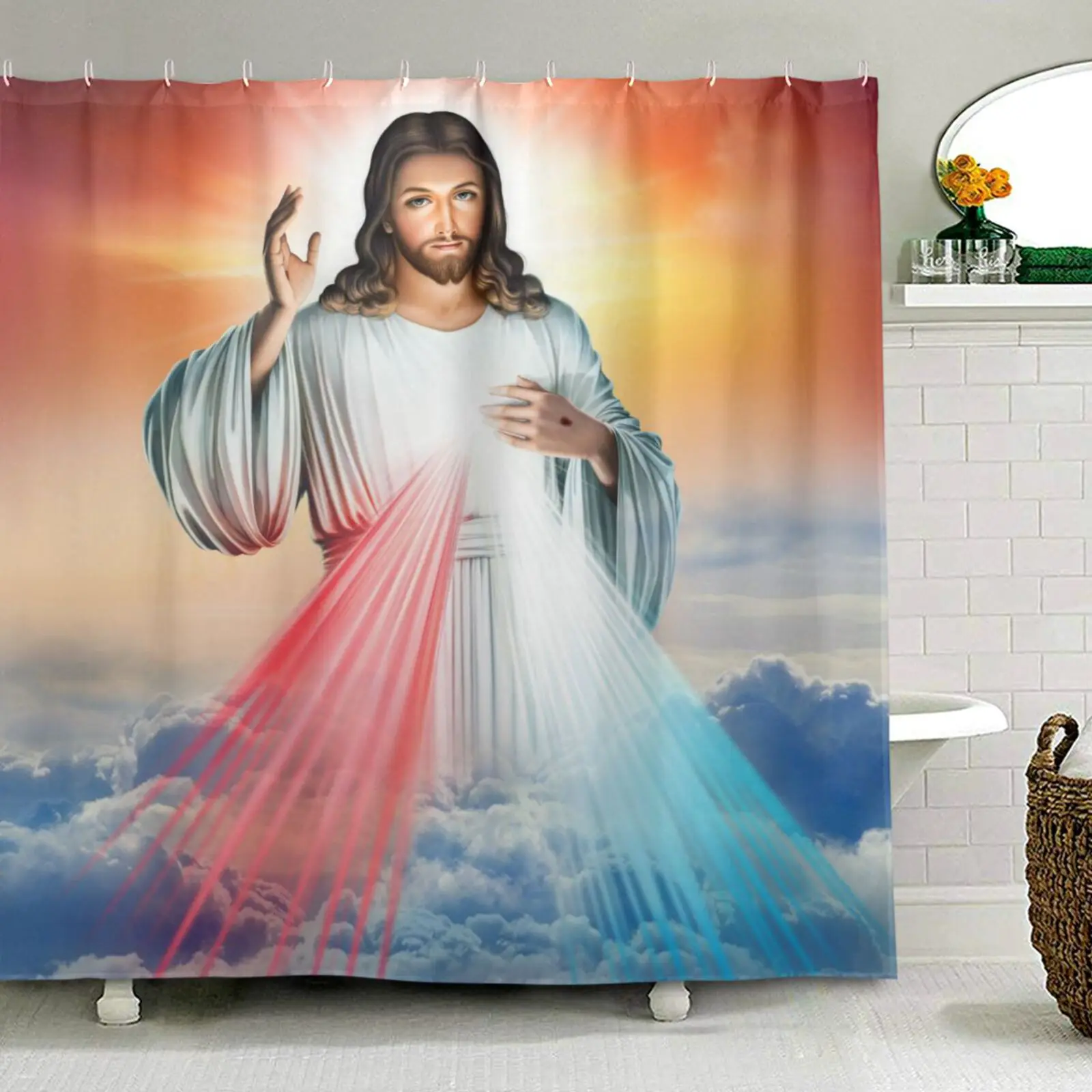 

Religious Jesus God Shower Curtain Waterproof Polyester Fabric Bath Curtain With 12 Hooks Bathroom Accessories Home Decoration