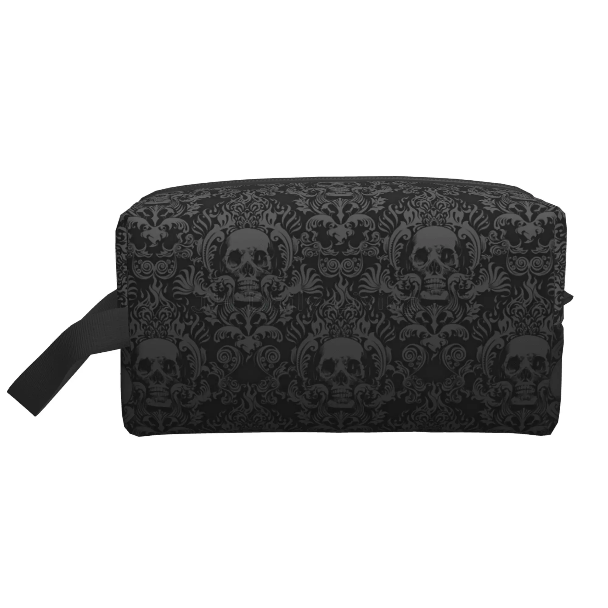 Gothic Black Skull Damask Portable Travel Storage Bags Funny Large Capacity Tote Cosmetic Bag Bathroom Makeup Bag Waterproof