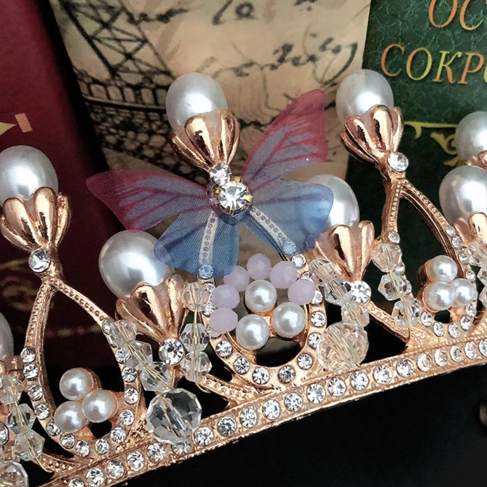 Wedding Handmade Rhinestone Tiara Pearl Headband Butterfly Princess Crown Tiaras for Girls