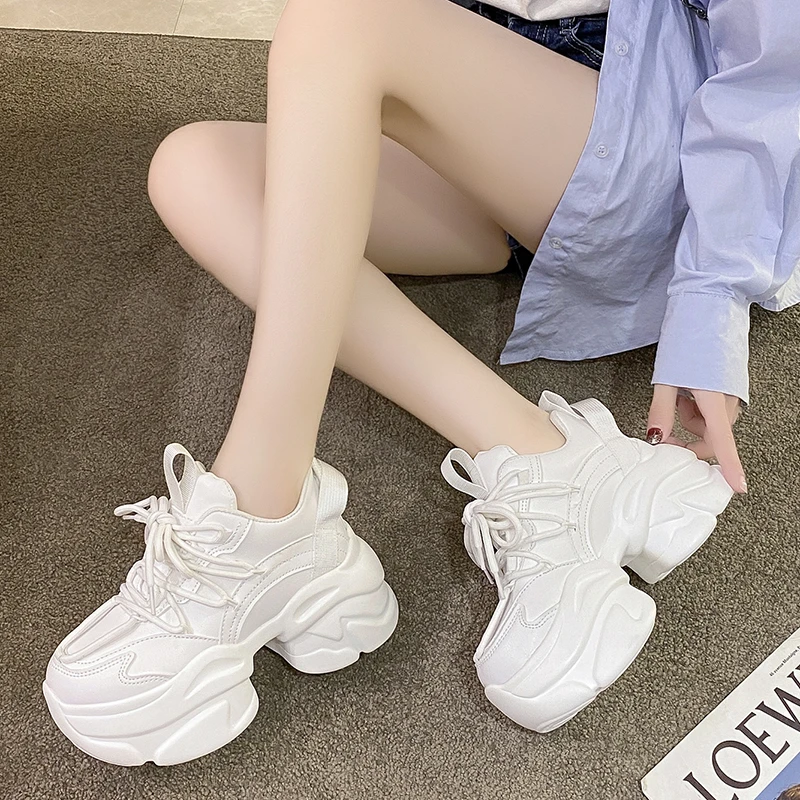 Black Women Chunky Leather Sneakers High Platform Ulzzang Sports Shoes New 2022 Autumn Thick Bottom Women\'s Wedge Casual Shoes