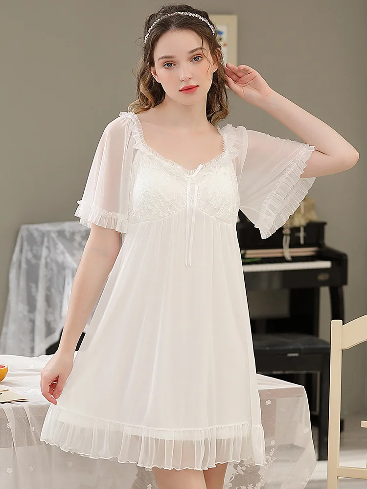 Sexy Summer Mesh Night Dress Women Sweet Lace Short Sleeve Nightdress Fairy Square Collar Nightwear Solid Color Robe Sleepwear