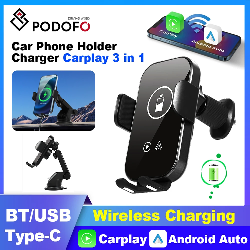 Podofo Carplay box Auto Retractable Cell Phone Holder support Wireless Fast Charging Wired to Wireless Carplay Android auto