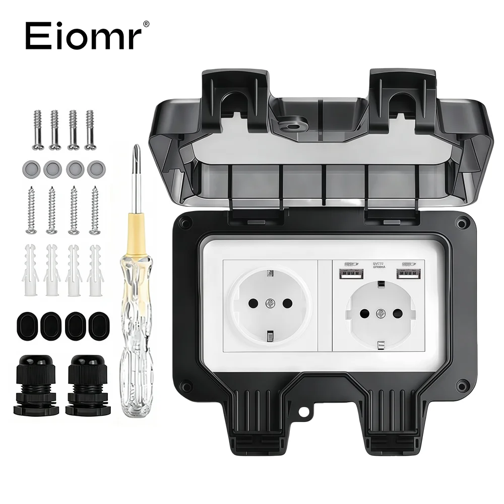 EIOMR 16A 220V IP66 wasserdichte Doppelsteckdose, schwarze Outdoor-Steckdose mit Schalter, mit Typ-C-Ladeanschluss, EU-Standardsteckdose