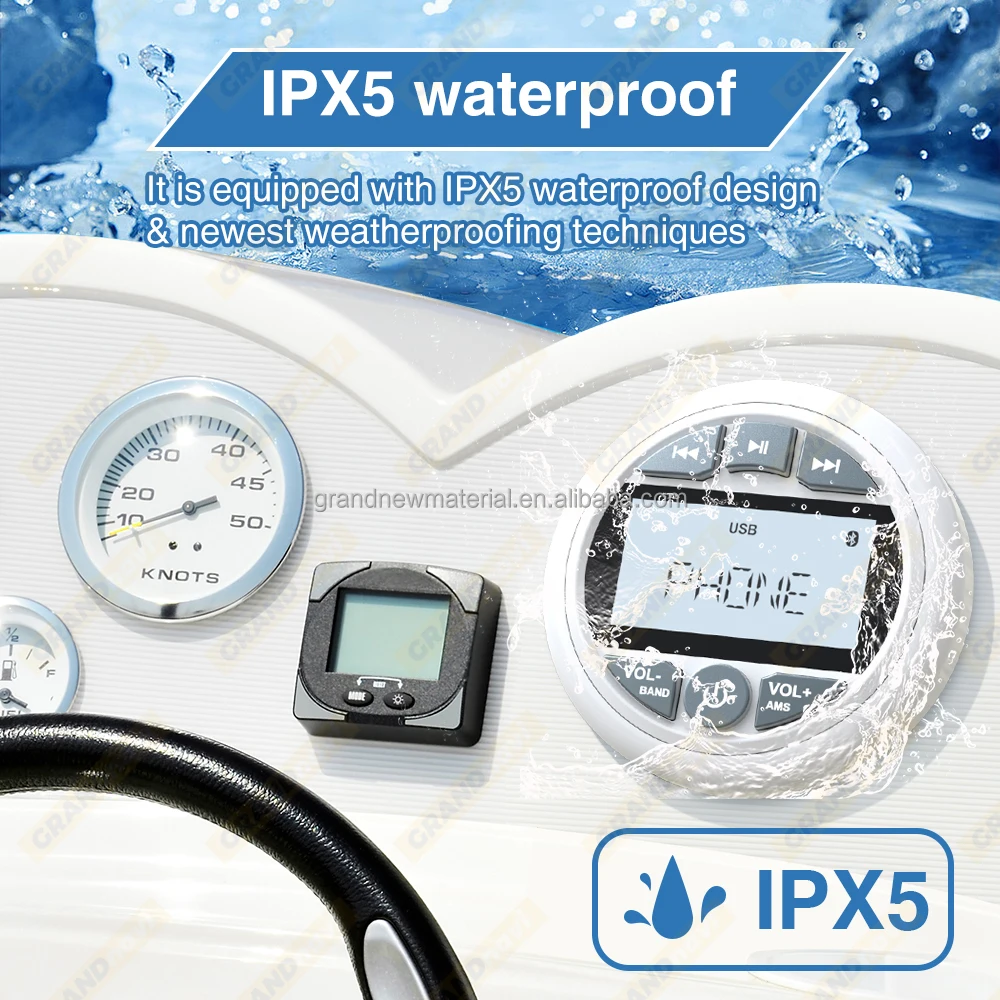 White Marine Stereo for Boat Audio BT Waterproof Level IPX5 Colorful Light FM AM MP3 Multimedia Stereo