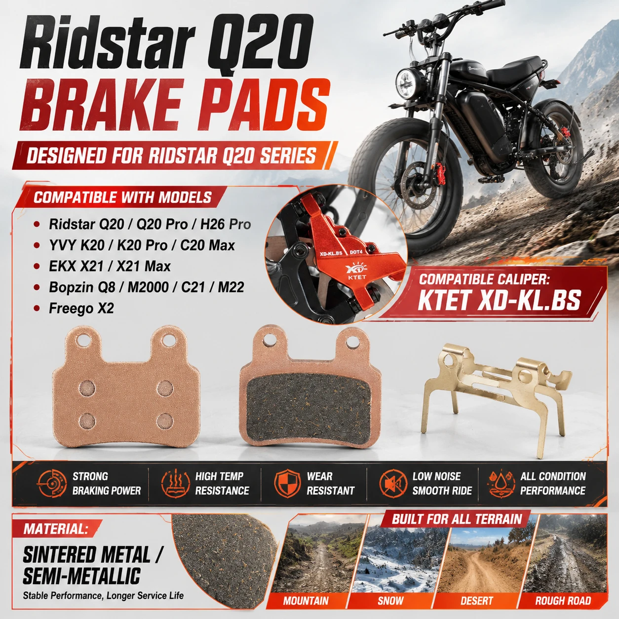 Replacement Brake Pads for Ridstar Q20 Q20 Pro H26 Pro Electric Bike Hydraulic Disc Brake Semi-Metallic