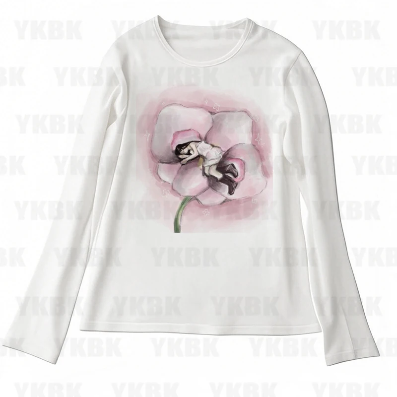 Gothic Harajuku Vintage Punk Emo Mädchen Langarm T-Shirt Casual Chic Print Blume Liebe Y2K Ästhetische Frauen Streetwear Fashion Emo
