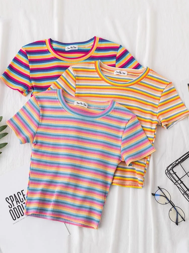 New T Shirt Women Rainbow Striped Tops Slim Fit t shirt Harajuku Tshirt Summer Short Sleeve Korean T-shirt feminina Clothes Tops