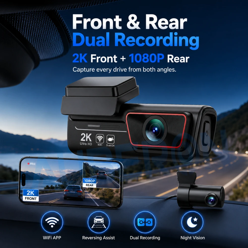 Dash Cam 2K Front 1080P Rear Camera Dual Recording Car DVR with WiFi APP Control Enhance Night Vision Loop Recording G-sensor