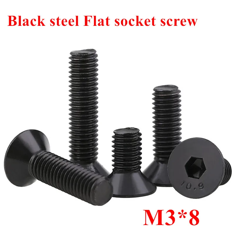 500pcs M3*8 Hex socket flat head cap screw DIN7991 grade 10.9 alloy steel black M3x8mm Countersunk head screw Bolts