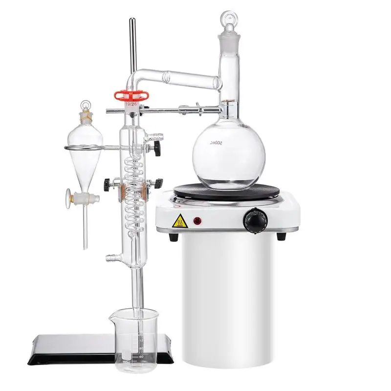 Kit de Destilación de Aceites Esenciales, Aparato de Destilación de 500 ml, Kit de Destilación de Vidrio Borosilicato 3.3 con Placa Calefactora de 1000 W y Conexión 24/40, Juego de 33 Piezas
