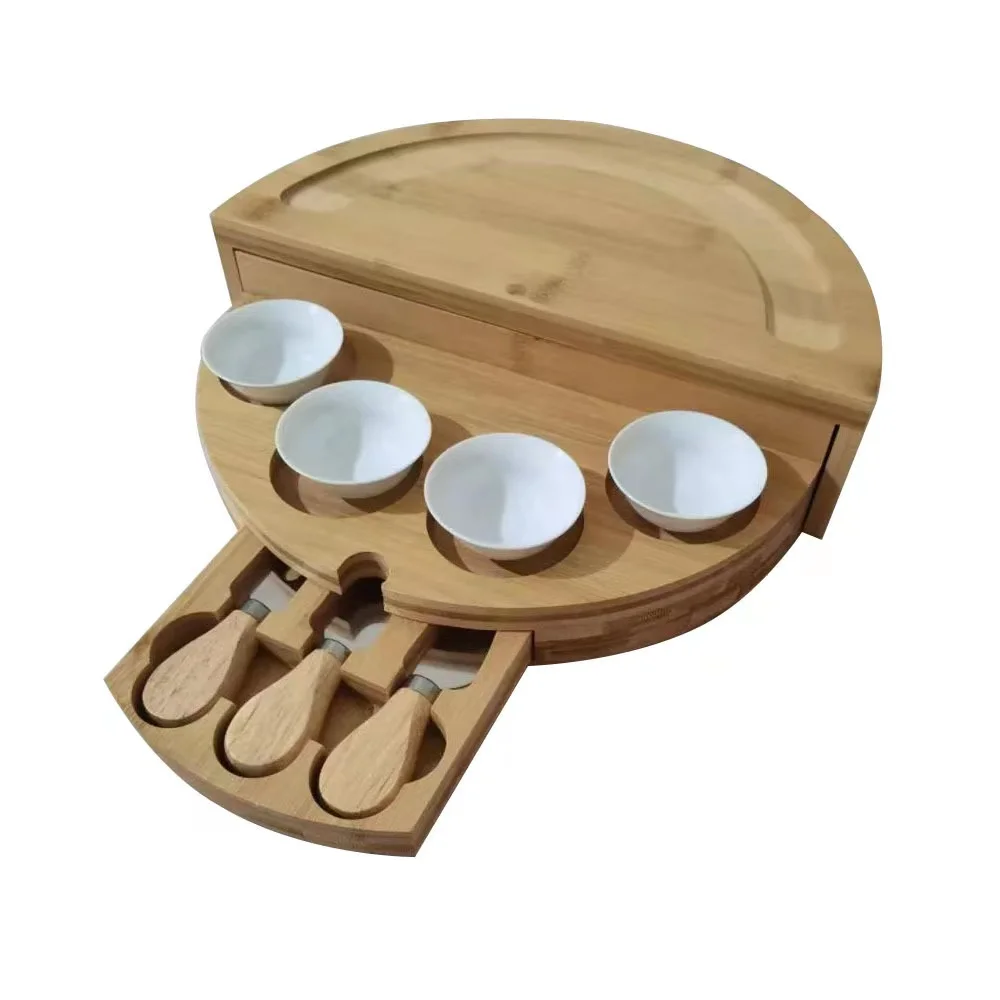 Portable Rotating Open Round Wooden Bamboo Chopping Board  With 4 Ceramic Bowl and 3 Knives Cheese Board Set