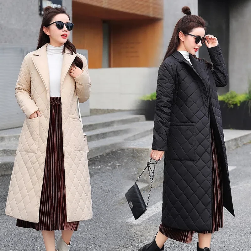 Winter Jacket Women 2025 New Fashion Belted Space Diamond Plaid Parkas Female Casual Long Over Knee  Down Cotton Coat Clothing