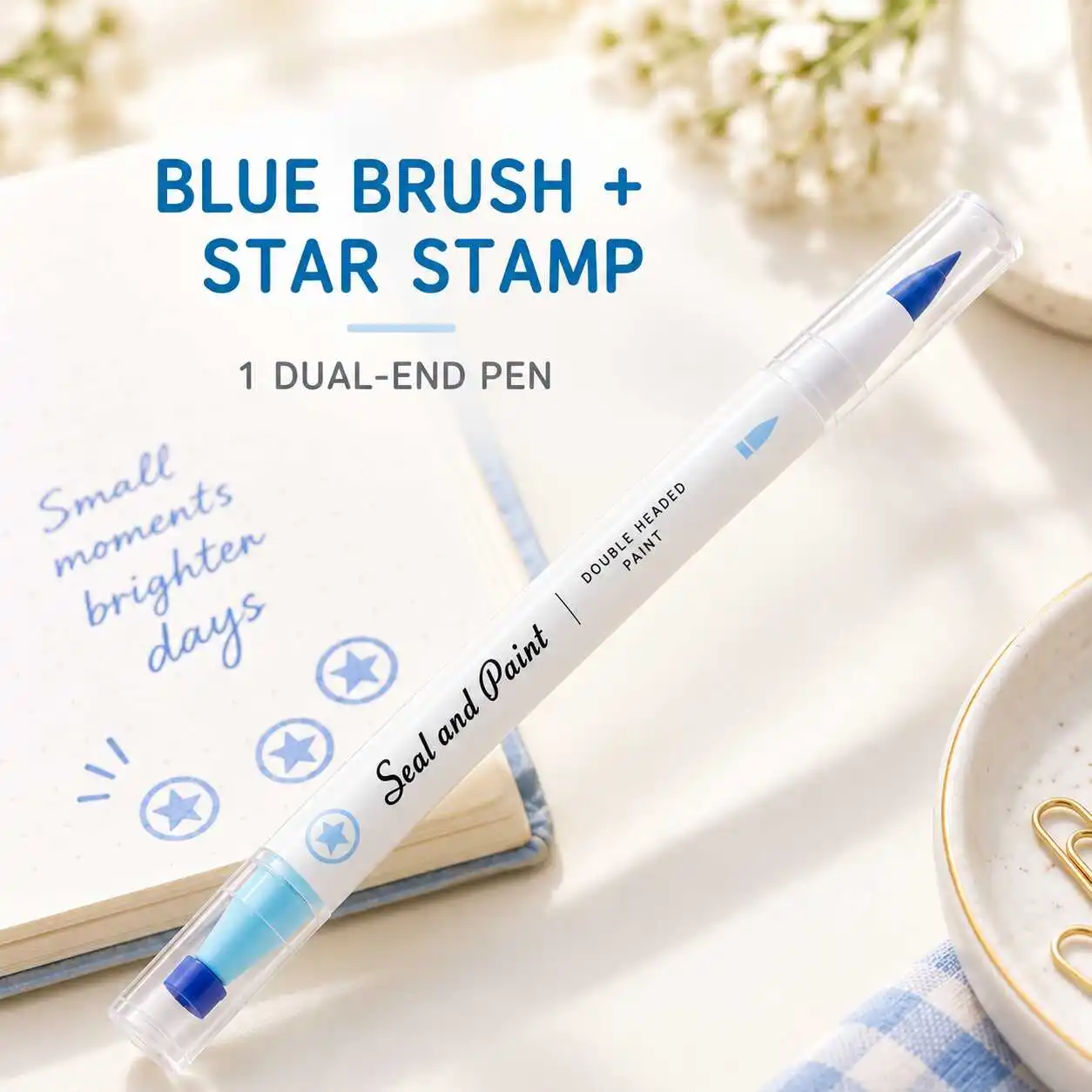 Blue Brush and Circled Star Stamp Pen Dual End White Barrel Two Clear Caps Journal Art Marker Single Piece