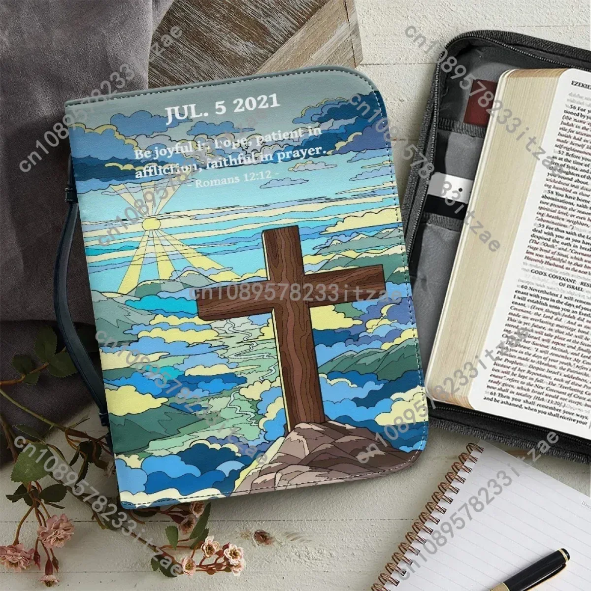 

PU Leather Handbags for Women's Artistic Christian Cross Print Bible Cover Case Portable Study Book Holy Storage Boxes Custom