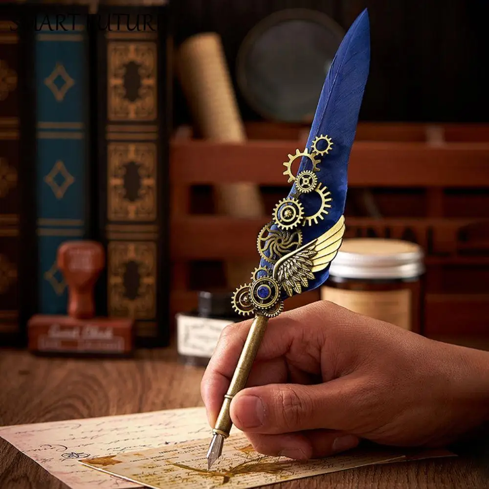 

Ручка для воды в стиле ретро-панк, сменная 5-наконечная металлическая ручка для подписи в европейском стиле, перьевая ручка, винтажная роскошная ручка с перьями