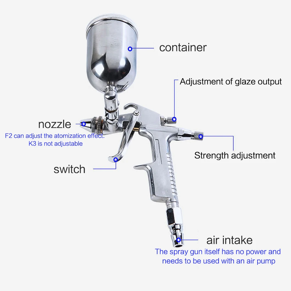 Stainless Steel Glaze Spraying Can Pneumatic Spray Gun K3/F2, Blowing Glaze and Coloring Pottery Tools for Large Area Glazing