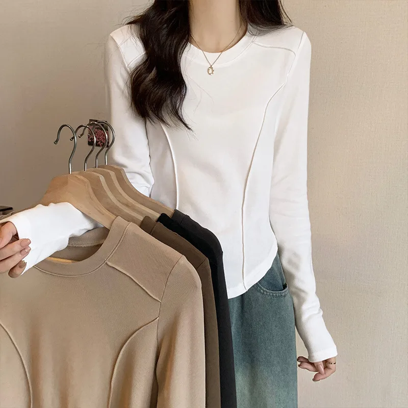 Damen Kurzes T-Shirt Herbst Einfarbig Rundhals Langarm-T-Shirt für Frauen Mädchen Studentinnen Neues Slim-Fit Langarm-T-Shirt – Detail 3