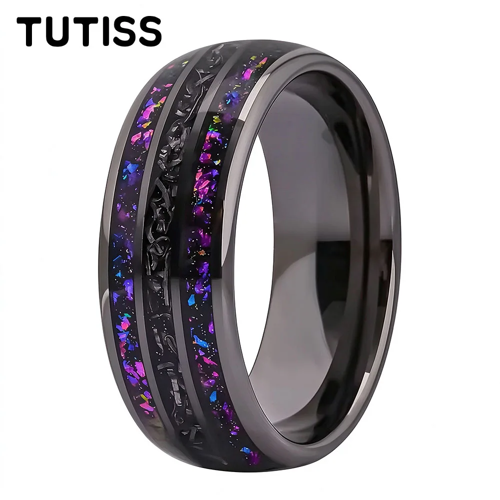 Anillo de carburo de tungsteno negro de 8 mm, alianza de boda para hombre, con incrustaciones de meteorito y ópalo de nebulosa púrpura, joya de moda, anillo de compromiso.