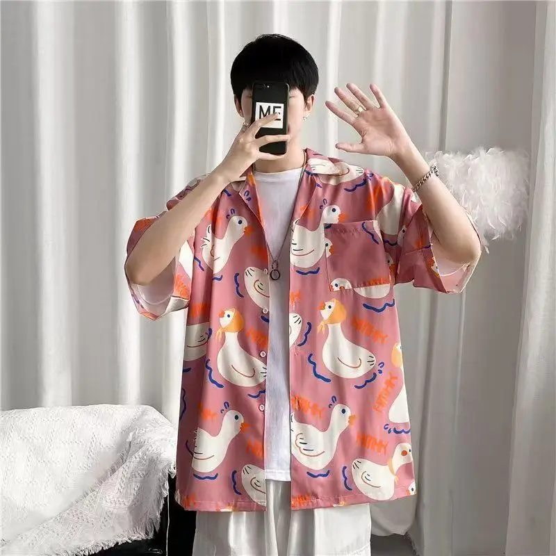 Fairy Tale Cute Duck Anime Button Up Shirt Kawaii Teenage Cool Beach Tops Oversized Loose Casual Men Women Streetwear Summer Tee