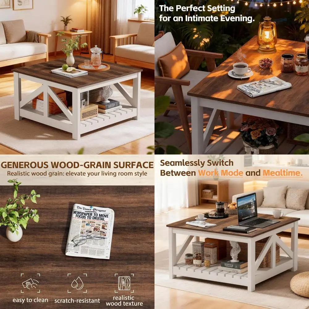 

Modern Farmhouse Style Dual Compartment Coffee Table, Wood Cocktail Table for Living Room, Lounge, and Office Use