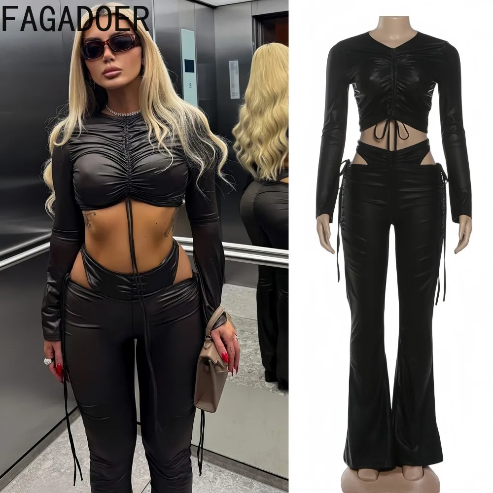 

FAGADOER Punk Gothic Sexy Two Piece Outfits Woman Solid Color Leather Ruched Patchwork Crop Top + Pants Suits Female Streetwear
