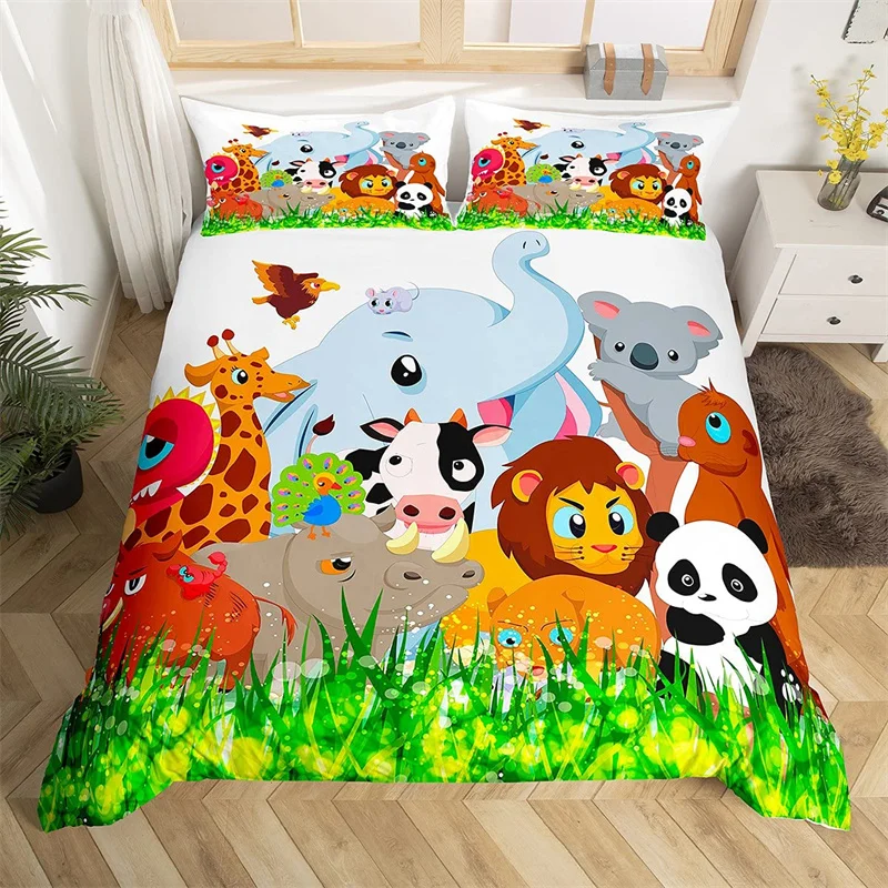 

Funny Cartoon Animal Duvet Cover King Colorful Jungle Animals Bedding Set Microfiber Panda Elephant Quilt Cover Zoo Party Decor