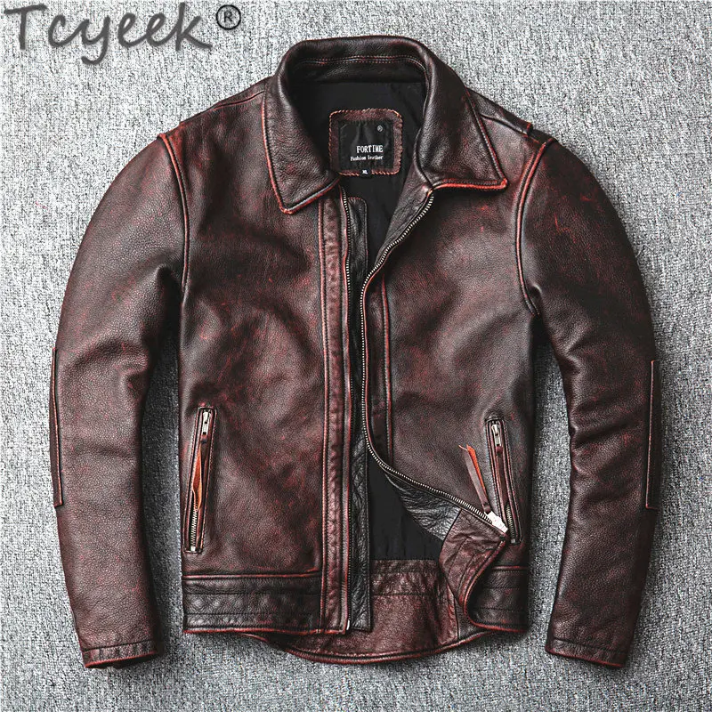 

Tcyeek Genuine Leather Jacket Men Pure Cowhide Jacket Coat Spring Autumn Vintage Distressed Coats Slim Lapel Coat Chaquetas LM