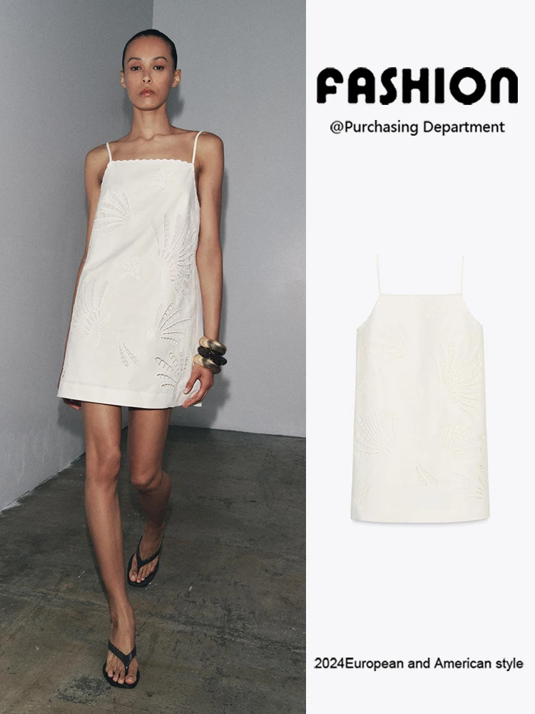 

New Summer Women's Dr Elely Sexy Strapl Hollow out Embroidery Cotton Linen Material Svel Gown 273066