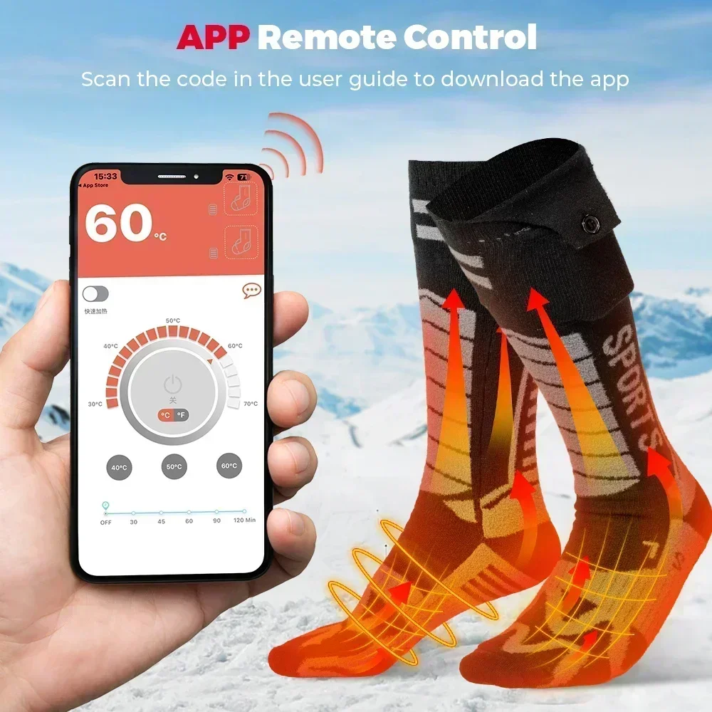 KEMIMOTO Heated Socks APP Contorl Rechargeable Battery Stocking Thicken Winter Cotton Socks Foot Warmers For Skiing Hunting Moto