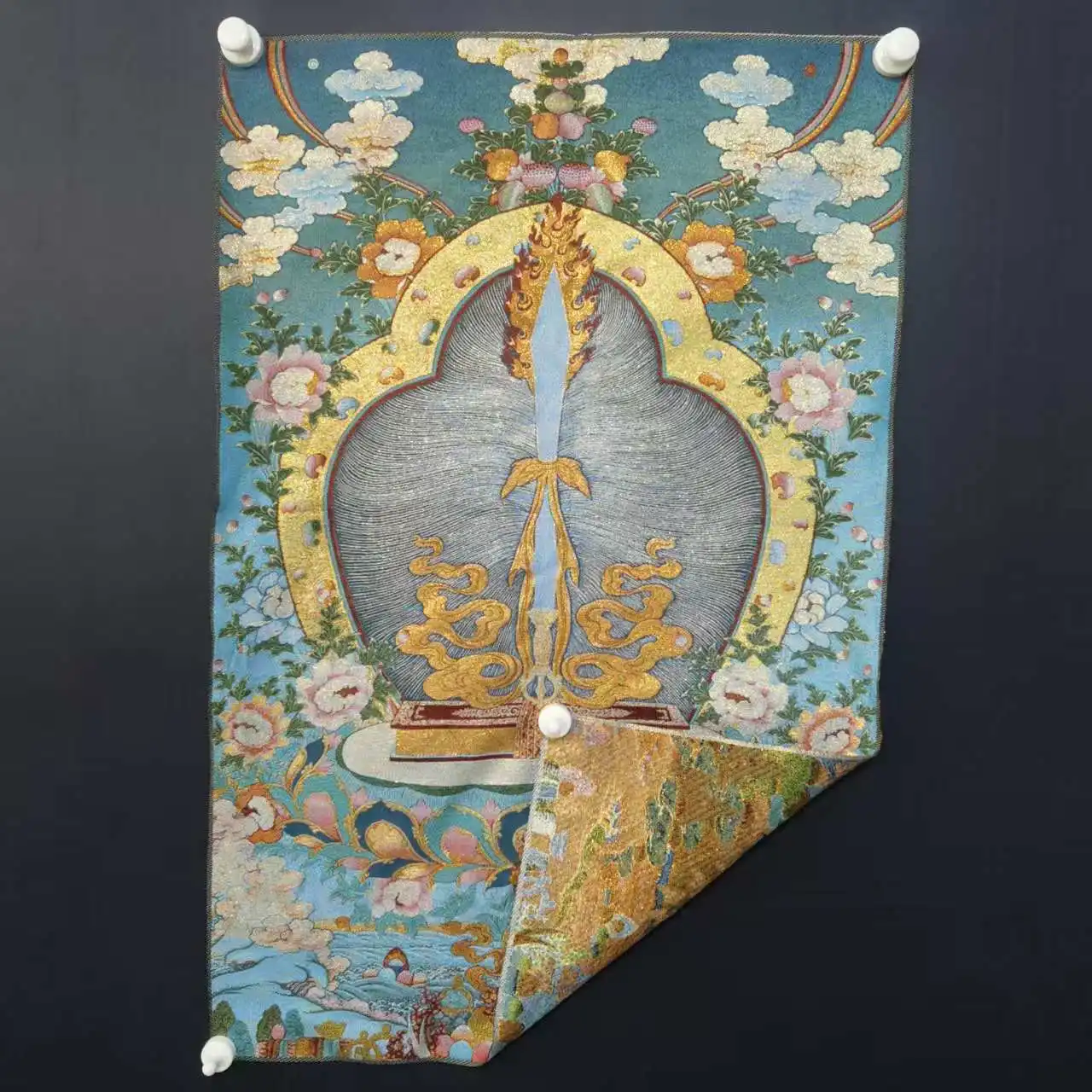 

35"Thangka Embroidery Tibetan Buddhism Manjusri Bodhisattva Sword The Sword of Wisdom Thangka hanging screen Worship Hall