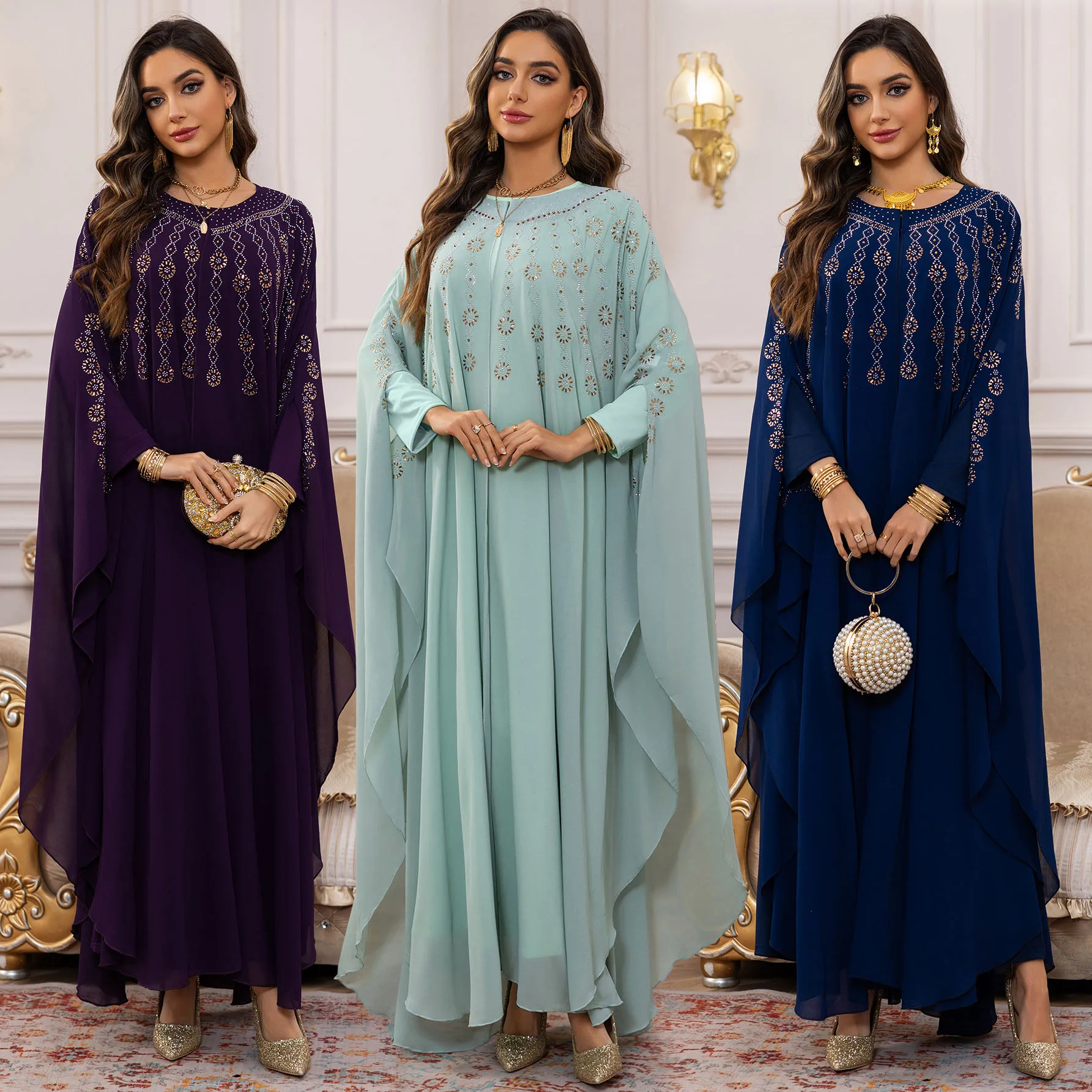 

Rhinestones Hotfix African Muslim Woman Abaya Dress Set, Ramadan Eid Evening Party Moroccan Dubai Turk Arab Gown Islamic Kaftan