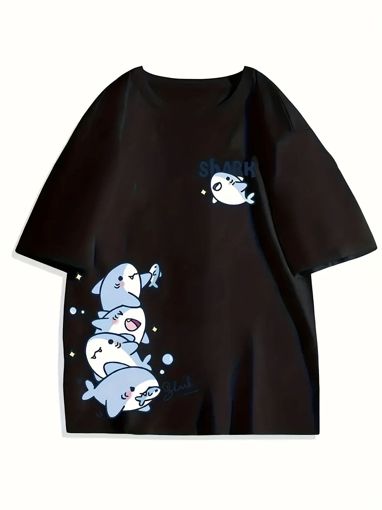 Women'S Y2K Cartoon Shark Print T-Shirt, 100% Crew Neck Short Sleeve Top, Regular Fit, Spring/Summer/Fall Collection,Cute Summer