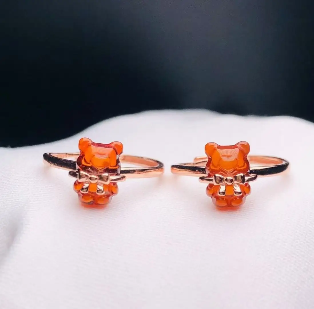 

Certificated 925 Silver Natural Baltic Blood Amber Bear Ring Red Stone Finger Band For Kids Daily Wear Lovely Girl Gifts Jewelry