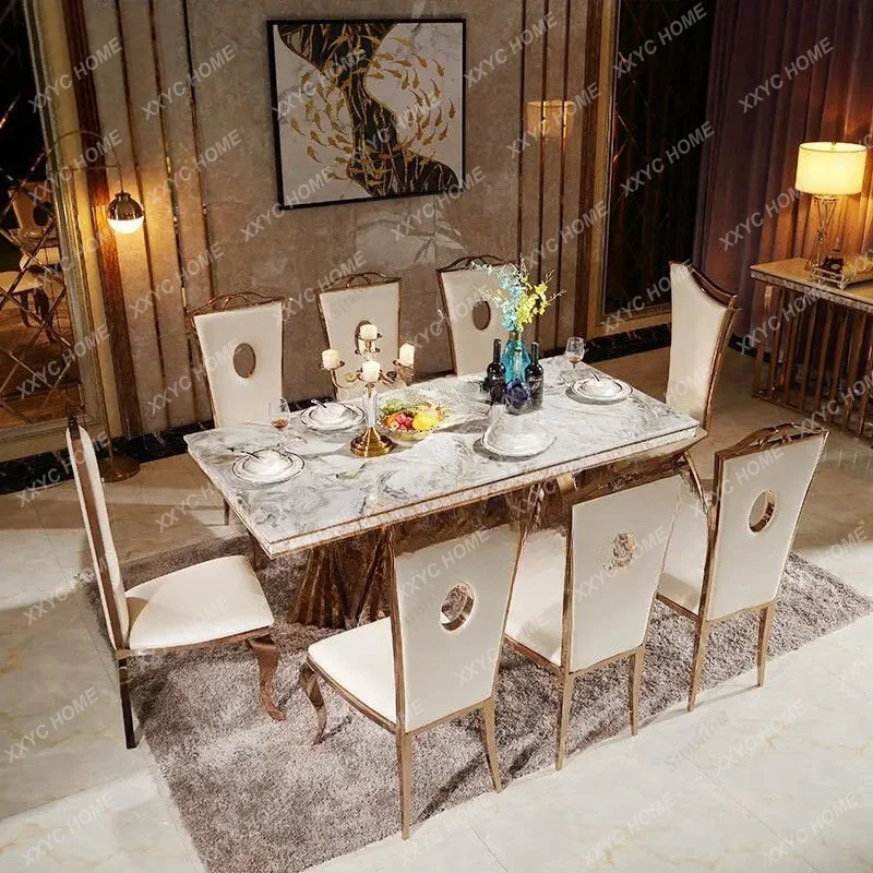 Stainless Steel Gold Frame Dinning Table Set Modern Luxury Marble Top 8 Seat Dining Table Set