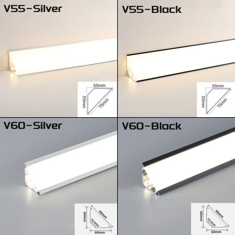 45° Oblique Beam LED Aluminum Profile V-type Top Corner Ceiling Flush Mounted Drywall PC Diffuser Channel Linear Bar Strip Light