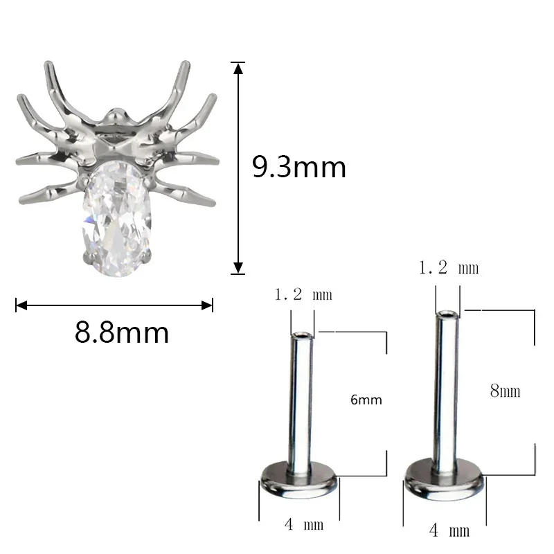 ASTM F136 التيتانيوم ثمانية أرجل العنكبوت الأذن ترصيع بيرك تشيكوسلوفاكيا معبد أعلى الخيوط Labret الزنمة الشفاه أقراط مسمار ثقب المجوهرات