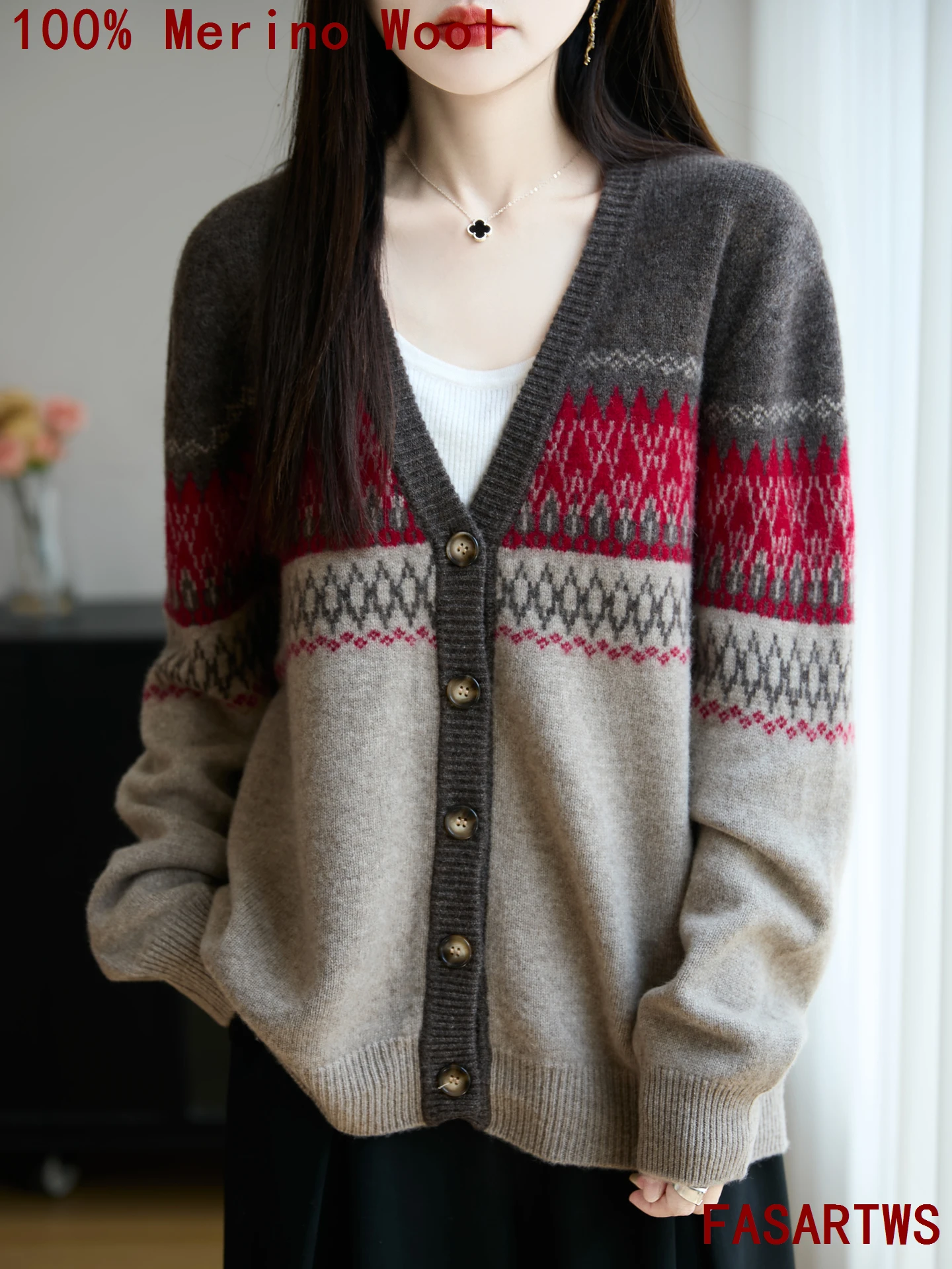 

Quality100% Merino Wool Cardigan V-neck Plus Size Loose Coats Women Sweater Jacquard Thick Warm Top Autumn Winter Fashion Trendy