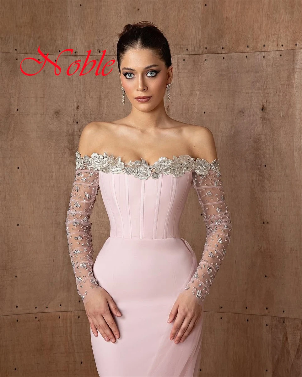 

Customized Exquisite Light Pink Tulle Evening Dress Exquisite Strapless Off the Shoulder Long Sleeves Zipper Back Cocktail Dress