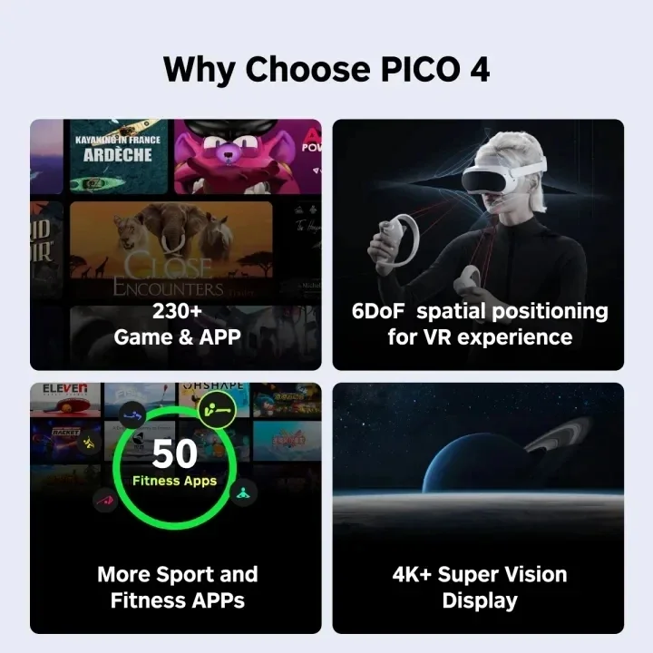 Pico 4 VR 헤드셋, 메타버스 및 스트림 게임용 올인원 가상 현실 헤드셋, 3D VR 안경, 4K + 디스플레이