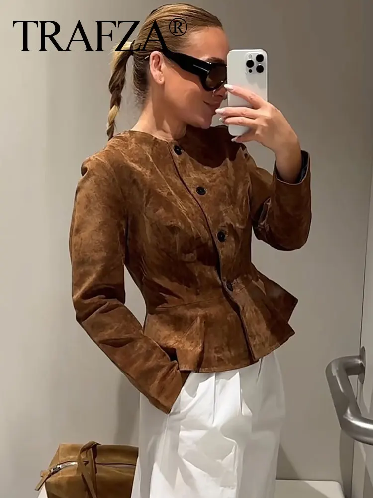 

TRAFZA Autumn Street Fashion Suede Jacket For Women Solid Color Long Sleeve Round Neck Single Breakfast Slim Vintage Coats