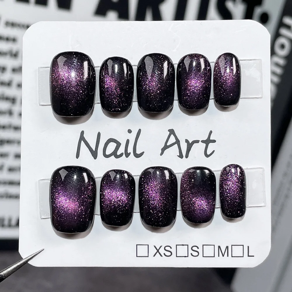 MAGO Handmade Press on Full Cover Professional Nails Purple Crystal Cat Eye Short Reusable Finished Fake Nails