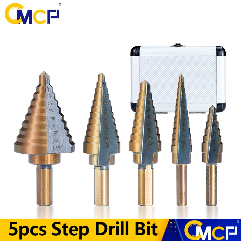 CMCP Step Drill Bit 5pcs 50 Size Cobalt Coated Stepped Cone Drill HSS Wood Metal Hole Saw Cutter Drilling Tools